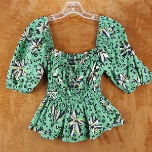 YUMI KIM Womens Top XS Green Floral Peplum Balloon Sleeve Tropical Peasant